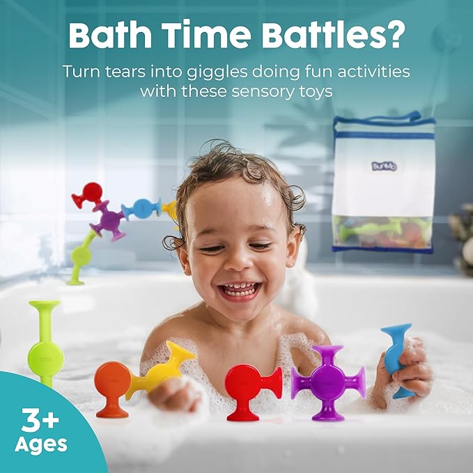 BUNMO Bath Toys Suction - Connect, Build, Create - Toddler Bath Toys - Hours of Fun & Creativity - Fine Motor Skills - Stimulating Sensory Toys - Non-Mouthable Toy 3+ - Smooth 24 Pack