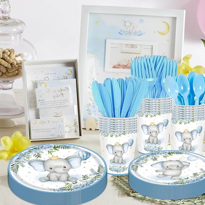 Elephant Baby Boy Shower Party Supplies - 350pcs Blue Elephant Party Decorations Paper Plates Napkins Cups and Utensils Tableware Sets Blue Floral Theme Birthday Party Tableware Set