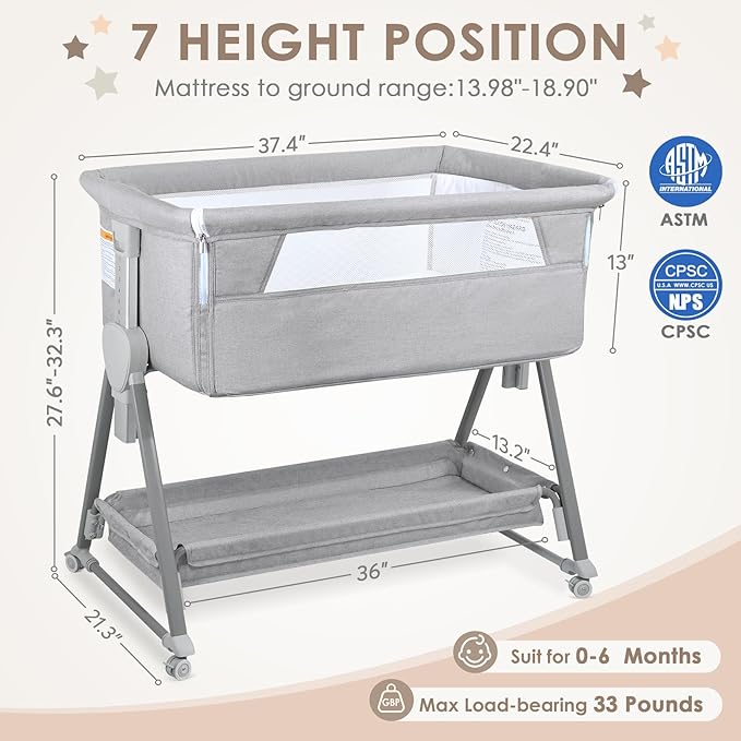 BIERUM Baby Bassinet for Baby - 7 Height Adjustable Bedside Bassinet with Lockable Wheels, Easy to Assemble Portable Bedside Crib with Large Storage Bag & Mattress for Newborn/Infant