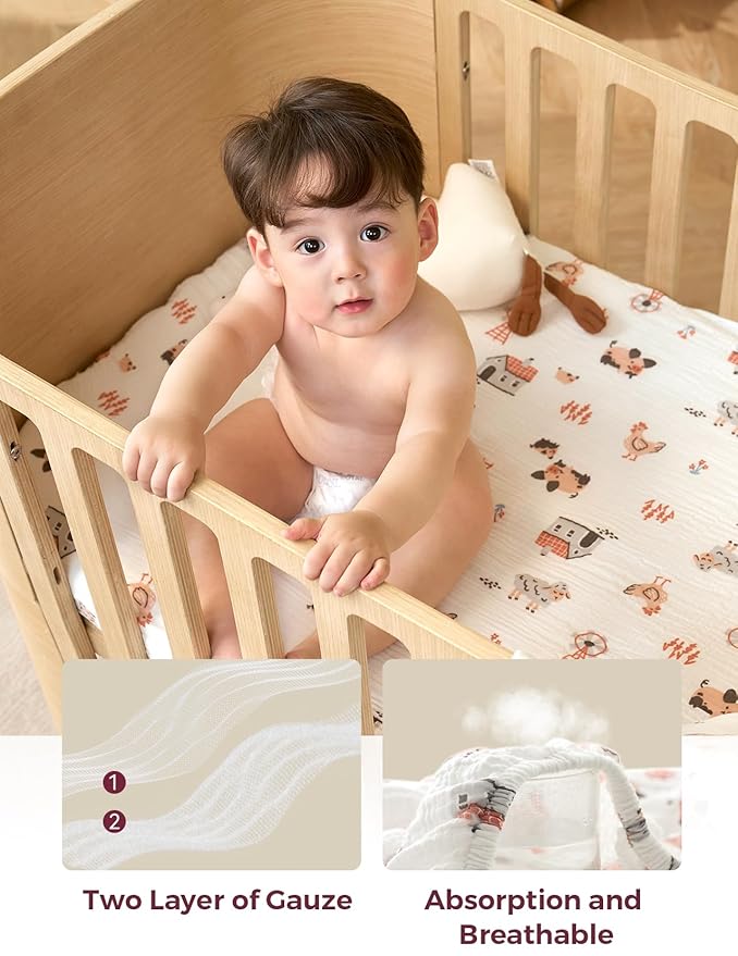 Momcozy Best Wishes Muslin Fitted Mini Crib Sheets, 38''x26'', 2 Pack Soft Breathable Natural Cotton Baby Mattress Sheet, 360° Mattress Wrapping Boys Girls Neutral Toddler Bed Sheet, Farming Joy