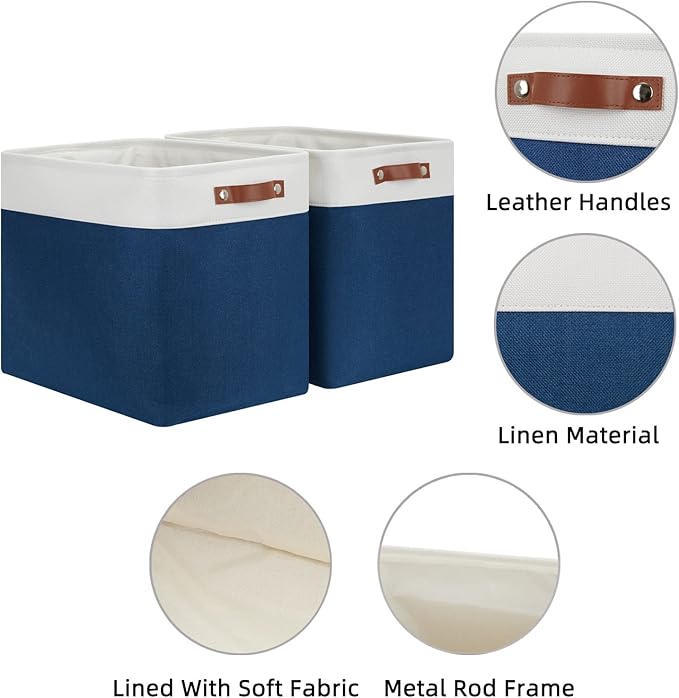 HNZIGE Storage Baskets for Organizing, Set of 2, Foldable Storage Bins Navy Blue Tall Baskets for Shelves, Canvas Collapsible Storage Bins with Handles for Storage Closet Linen(White Blue)
