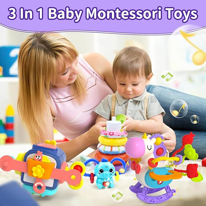 Baby Toys for 1+ Year Old, Busy Board Sensory Toys for Toddlers 1-3, Baby Toy for 12-18 Months, Pull String Teether, Stacking Blocks, 3 in 1 Travel Toy Gifts for 1 2 3 Year Old Boy Girl