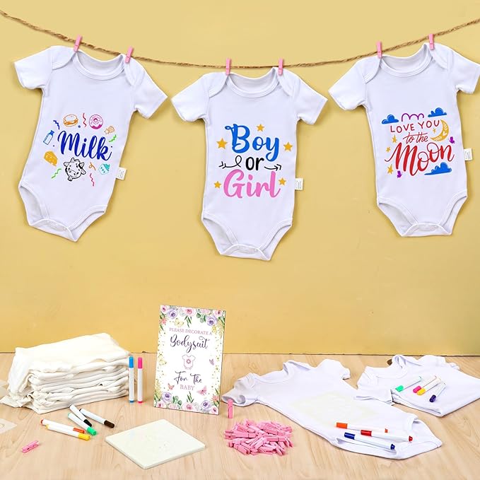 Panitay 126 Pcs Baby Shower DIY Bodysuit Set Rustic Kraft Baby Shower Game Sign DIY Bib 25 Blank White Newborn Bodysuit 25 Stencils 24 Marker 1 Sign 50 Pins for Gender Reveal(Butterfly)