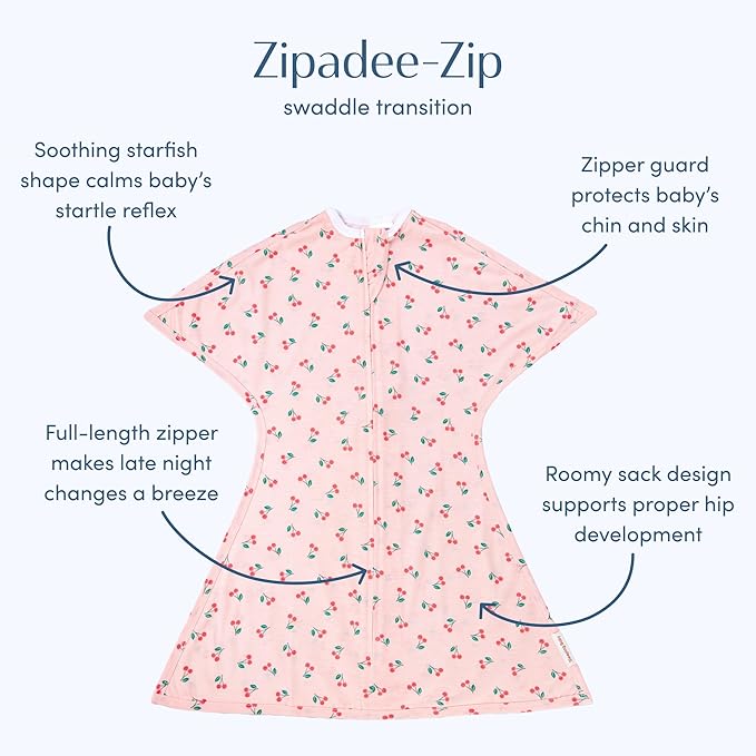 SleepingBaby Zipadee-Zip Transition Swaddle - Cozy Baby Swaddle Blanket with Zipper Convenience - Roomy Wearable Blanket for Easy Diaper Changes - Cherries, Small (4-8 Month)