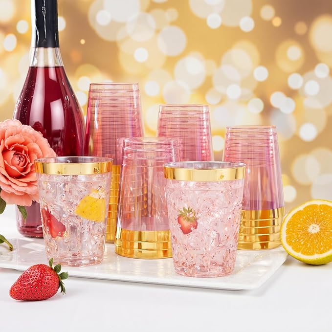 supernal 100 Pcs Pink Plastic Cups,10 Oz Clear Pink Disposable Cups with Gold Trim,Plastic Cocktail/Drink/Bridal Shower/Baby Shower Cups for Party,Wedding and Birthday,Cute Disposable Cup