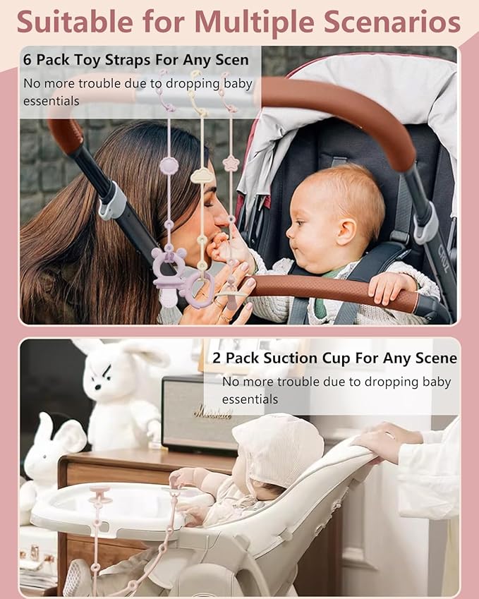 6 Pack Silicone Baby Toy Straps with 2 pcs Suction Cup Bases, Silicone Pacifier Holder, Toy Strap,Adjustable Toy Holder for Stroller Accessories, Car Seat, Highchair,Crib (B)