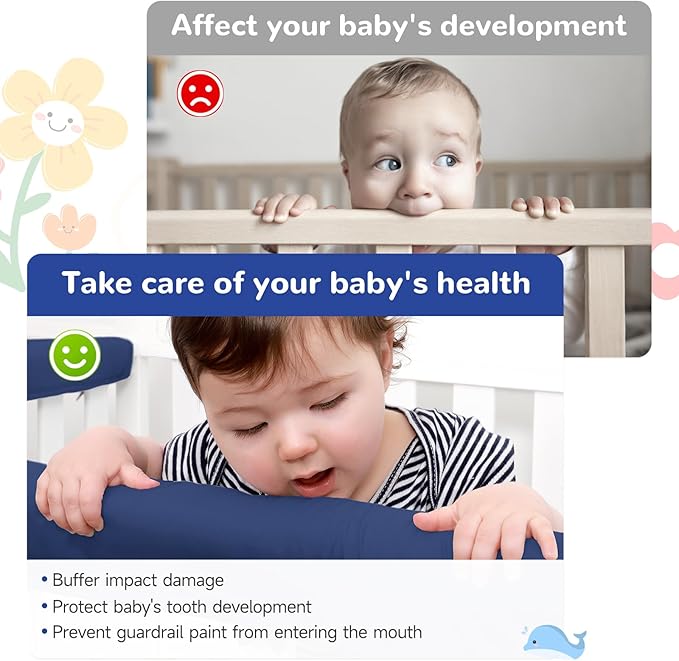 Navy Blue 3pcs New Teething Edge Crib Rail Cover&Corner Guard Coverage Straps,Reversible Guardrail Cover Protector for Boys Girls(1 Long 2 Short)