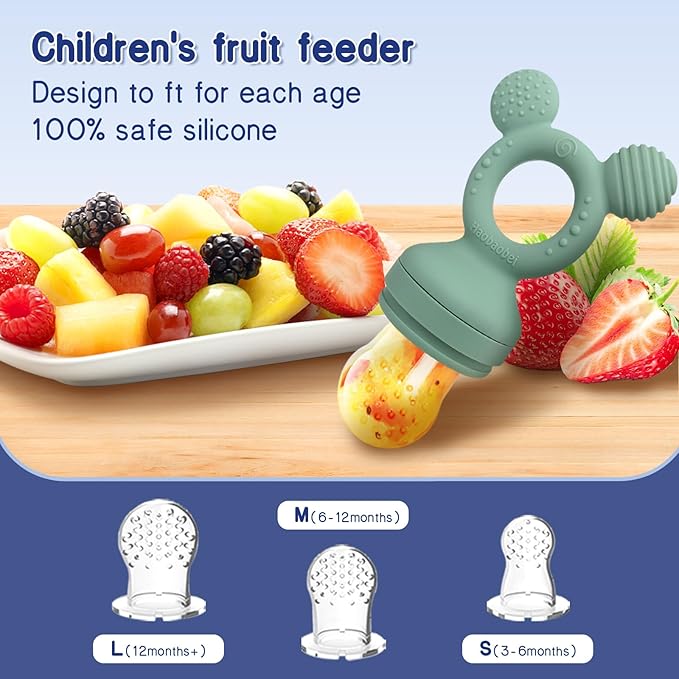 Baby Fruit Feeder Set – 3-Size Silicone Teether with Ice Cube Tray | Leakproof Self-Feeder for 3-24 Months | BPA-Free, Dishwasher Safe | Baby-Led Weaning Essential (Green Blue)