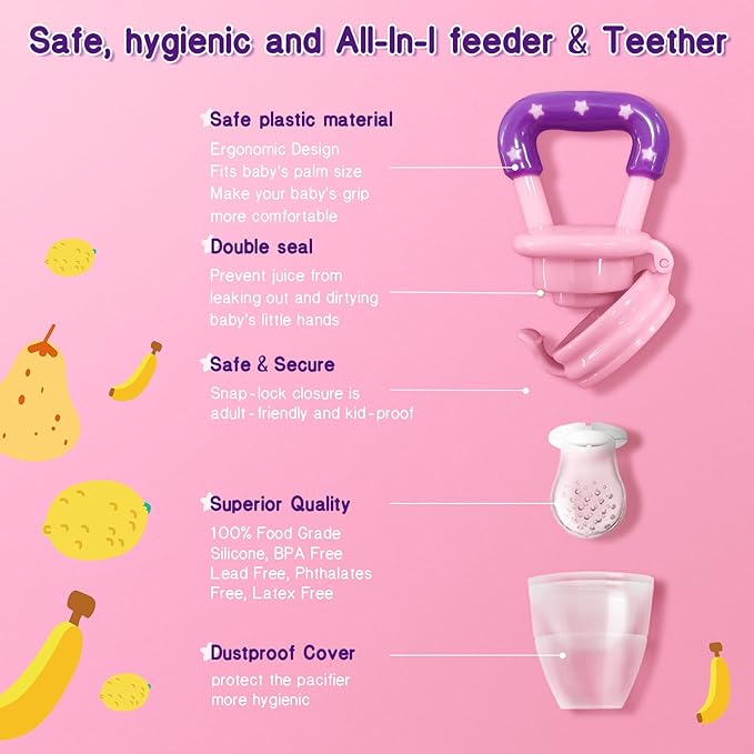 Baby Fruit Feeder with Ice Tray, BPA-Free Silicone Teether & Infant Feeding Set for 3-24 Months, Leak-Proof, Ergonomic Handle – Perfect for Puree, Yogurt & Frozen Snacks(Pink Yellow)
