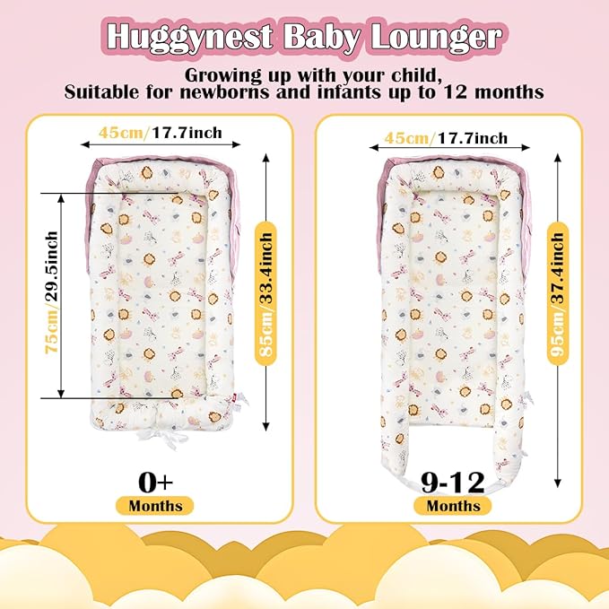 Baby Lounger for Newborn, Huggynest Portable Infant Lounger for 0-12 Months Newborn, Home Travel Dual-Purpose Baby Nest (Animal World Pink)