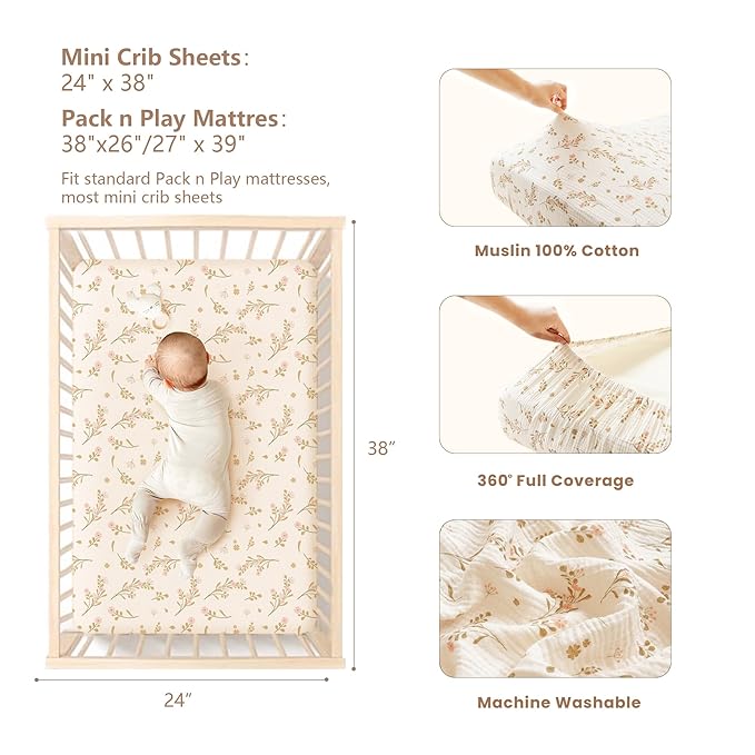 Konssy Muslin Mini Crib Sheets, 100% Soft Cotton Pack and Play Sheets for Pack N Play Mattress, Playard Baby Crib Sheets for Baby Girls (Floral, Pink)