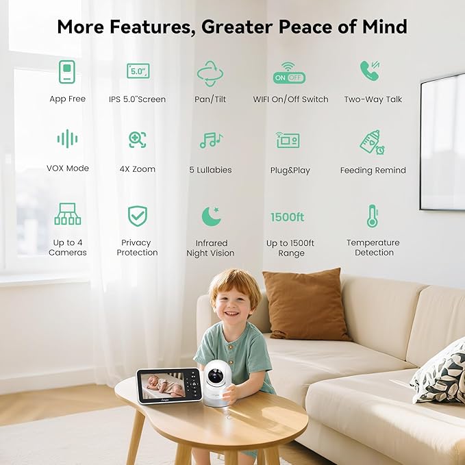 Video Baby Monitor with Camera and Audio,5'' IPS Screen,720P HD,App,Remote Pan/Tilt/Zoom Camera,Lullabies,Feeding Remind,HD Night Vision, VOX,2-Way Talk,Triple Security,1500ft Long Range
