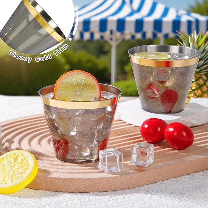 supernal 200 Pcs Gold and Black Plastic Cups,9Oz Gold Rimmed Disposable Cups,Heavy-Duty Plastic Cocktail Glasses for Party,Fancy Party Cups,Perfect for Christmas,Holiday,Birthday Party Events