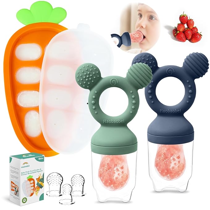 Baby Fruit Feeder Set – 3-Size Silicone Teether with Ice Cube Tray | Leakproof Self-Feeder for 3-24 Months | BPA-Free, Dishwasher Safe | Baby-Led Weaning Essential (Green Blue)