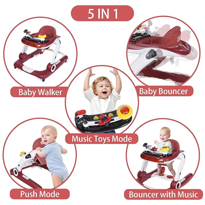 Kinder King Baby Walker with Music & Lights, 5 in 1 Baby Bouncer Activity Walker, Adjustable Height & Seat, Learning-Seated & Toddler Walk-Behind, Safety Bumper, Infant Walker Anti-Rollover, Red