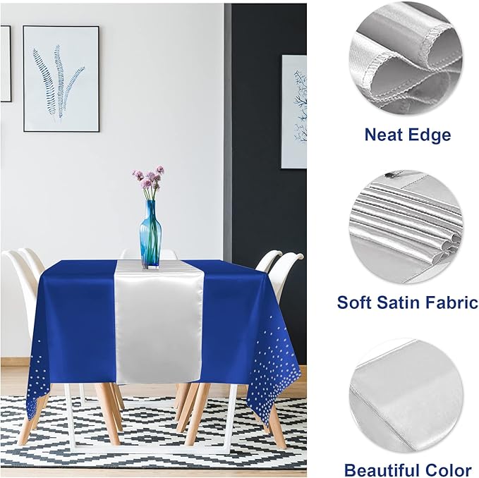 8Pack Disposable Plastic Tablecloths and Satin Table Runner Set Blue and Silver Dot Tablecloth Silver Satin Table Runner for Wedding Birthday Baby Shower Anniversary Christmas New Year Party Supplies