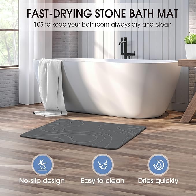 Stone Bath Mat Diatomaceous Earth Shower Mat Non-Slip Super Absorbent Diatomite Stone Bath Mats for Bathroom Floor Quick Drying Natural Easy to Clean(23.6''×15.4" Gray)