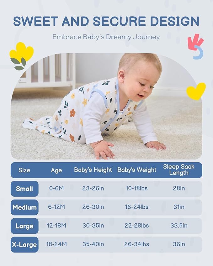 Baby Sleep Sack 12-18 Months, 100% Organic Cotton Wearable Blanket for Babies, 2-Way Zipper TOG 0.5 Lightweight Breathable Baby Sleeping Bag, 4 Sizes-L Animal&Plant&White