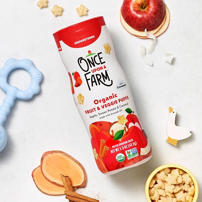 Once Upon A Farm Apple, Sweet Potato & Coconut Puffed Sorghum Snack, Fruit & Veggie Puffs, Non GMO, 1.5 Ounces (Pack Of 6)