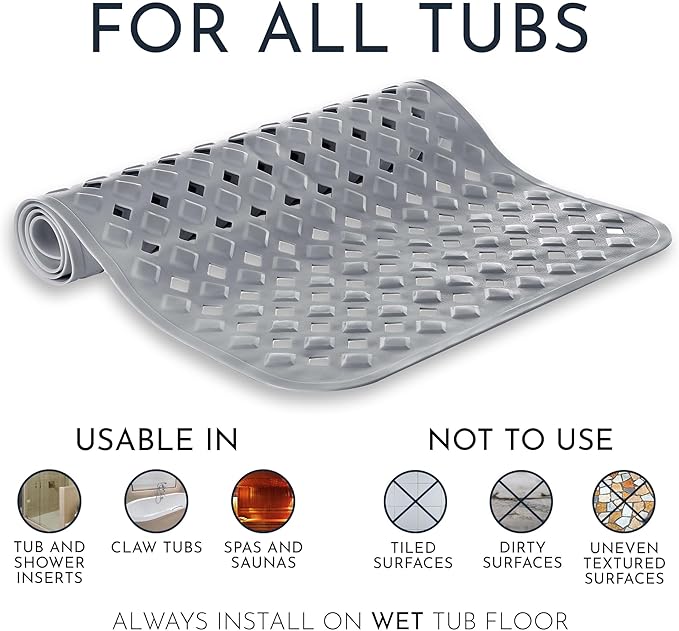 homerella® Bath Mat for Tub Non Slip Mold Resistant 35x16 - Shower Mat Non Slip Anti Mold - Bath Tub Mat Suction Cups incl. Hooks for Drying - Bathtub Mat Non Slip - ANI Slip Shower Mat Inside Tub