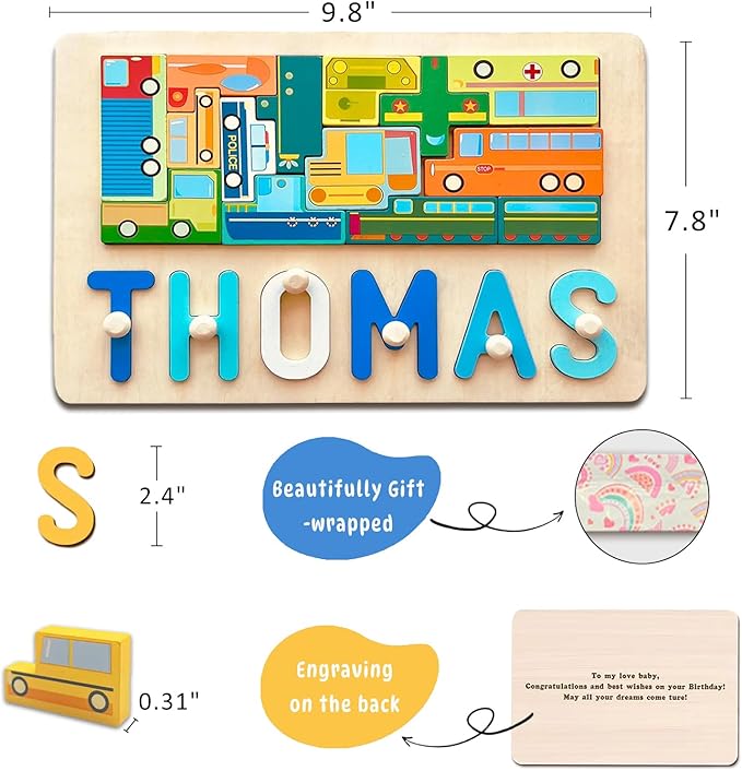 Personalized Puzzles for Toddlers 1-3, Baby Name Puzzle, 1 Year Old Girl Gifts, Montessori Learning Toy for Toddlers Ages 1-3 (Block Vehicles)