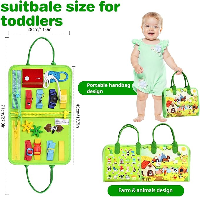 Busy Board Montessori Toys for Toddlers 1-3, Birthday Gifts for 1 2 3 4 Year Old Boy Girl, Autism Sensory Travel Toy, Educational Activity Book Board for Learning Fine Motor Skills Toys, Green