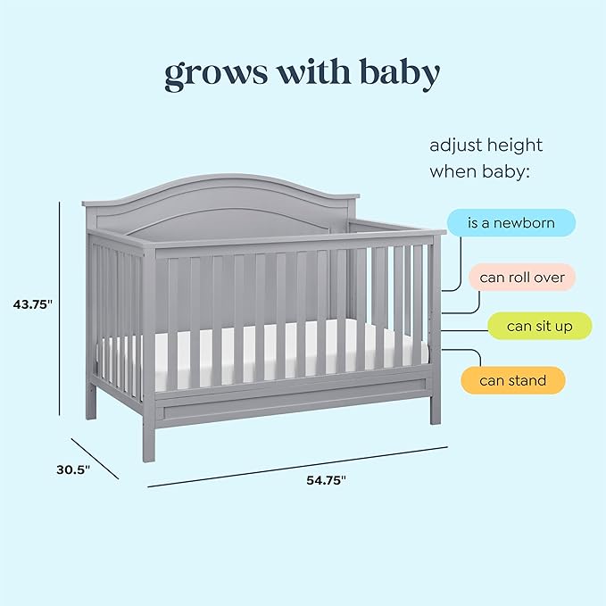 DaVinci Charlie 4-in-1 Convertible Baby Crib - GREENGUARD Gold Certified Convertible Crib to Toddler Bed, Daybed, Full-Size Wooden Bed and Durable - 4 Adjustable Mattress Heights - Grey