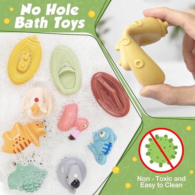Bath Toys for Babies, 9 Pack Mold Free & No Hole Bath Toys with Rubber Floating Boats & Animals, Toddlers Bathtub Water Play Toys for Baby Gifts