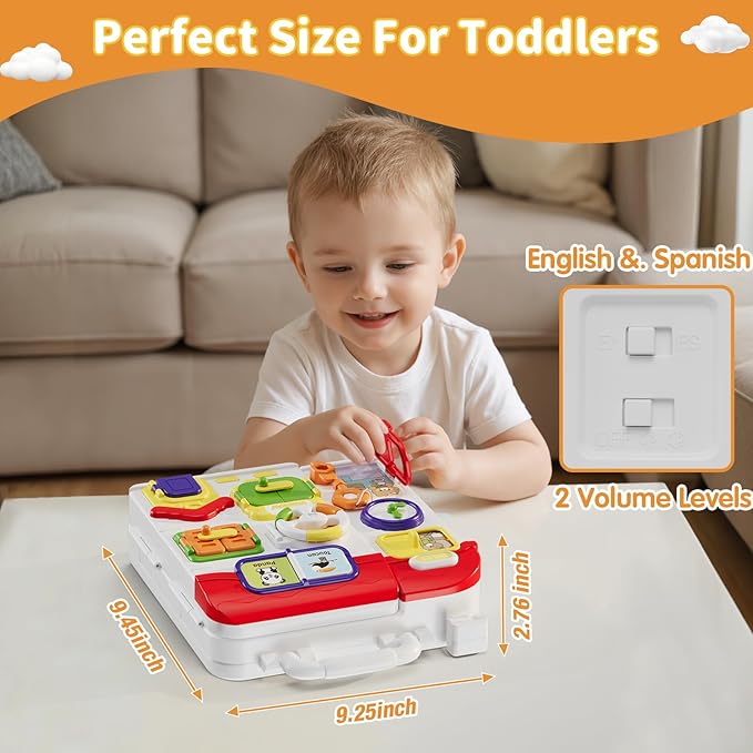 Busy Board for 1+ Year Old, Montessori Sensory Board for Toddlers, Bilingual Learning Toy Travel Musical Birthday Gift for Baby Boys Girls Ages 2 3 4