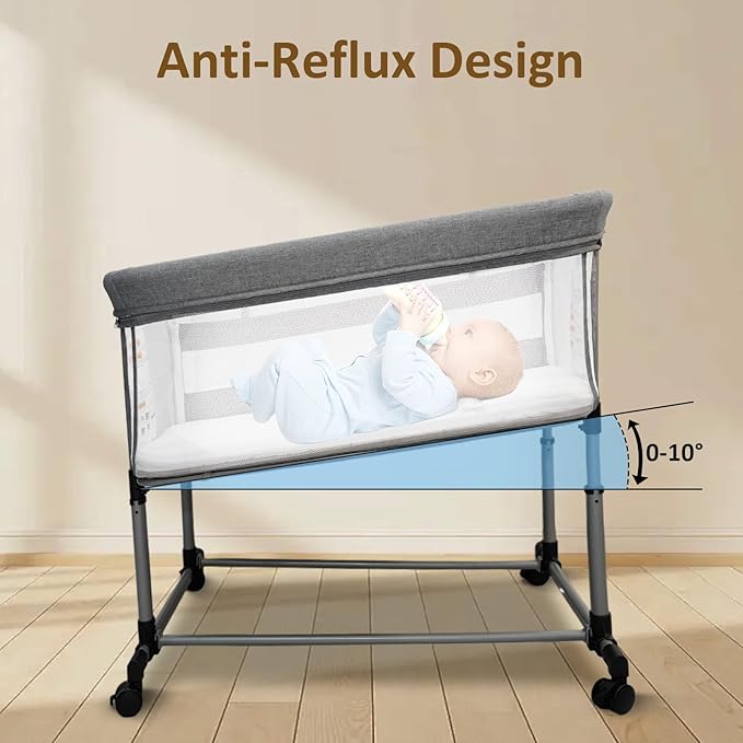 Twin Bassinet for 2 Babies, Double Bassinet for Twins, Baby Bassinet with Wheels, Full-Mesh Sides, 5-Height Adjustable, Portable and Stable Baby Crib for Newborns (Basic Grey)