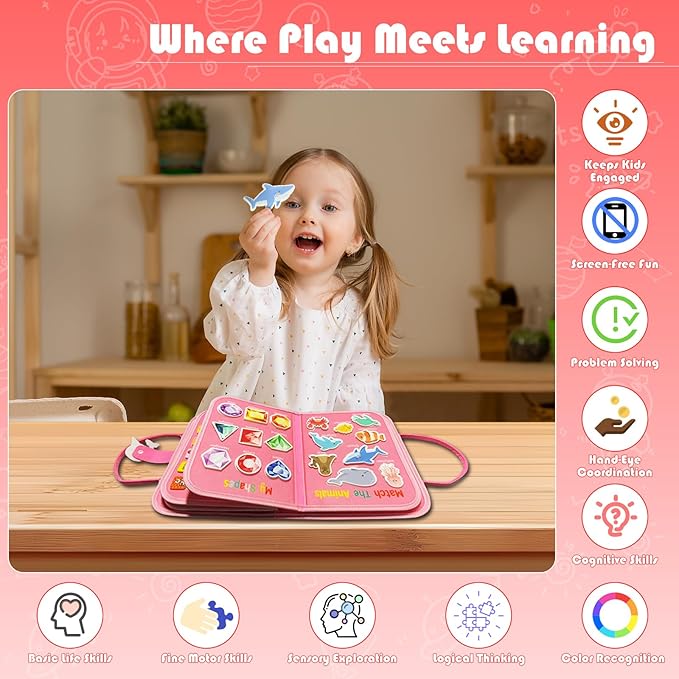 Toddler Busy Board Montessori Toys - Quiet Book for Boys Girls Toddlers Birthday Gift, Busy Book for Learning Fine Motor Skills Educational Activities, Sensory Travel Toy for Airplane & Car (Pink)
