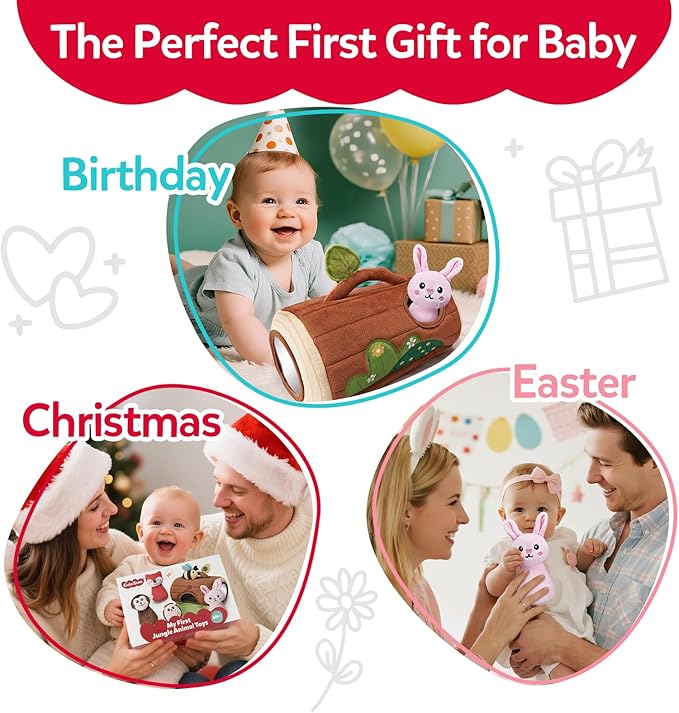 Baby Toys 6-12 Months - Soft Stumps with Jungle Animals Friends,Rattle,Crinkle Paper,Squeaker,Mirror - Sensory Montessori Toys for 6 Month Old Babies,1-3 Year Old Boy Girl Gifts