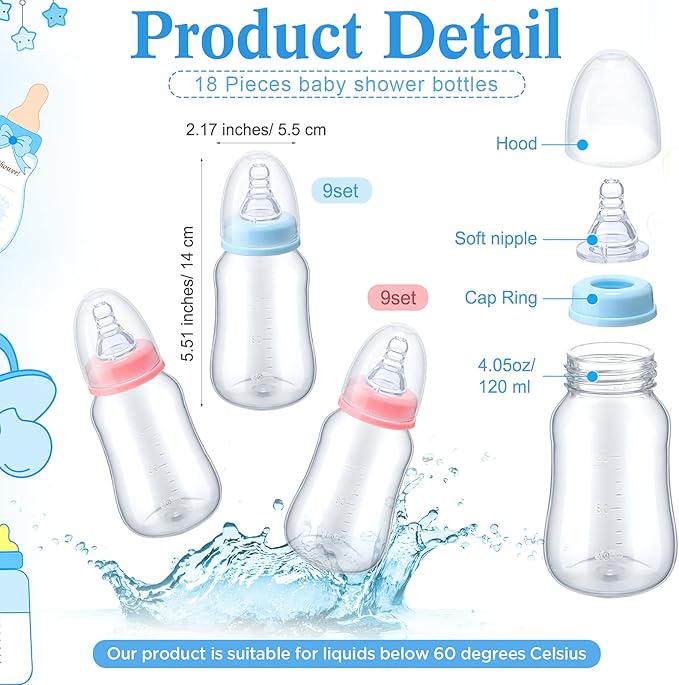 Roowest Bottle Chug Baby Shower Game Favors Including Eucalyptus Theme Wooden Sign and 18 Pcs Baby Bottles for Gender Reveal Party Supplies