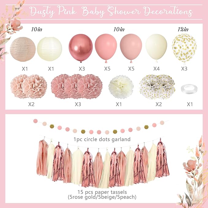 Amandir Dusty Pink Girl Baby Shower Decorations Welcome Baby Banner, Cake Topper, Paper Lanterns, Gold Balloons Pom Poms Flowers Tassels, Circle Dots Star Garland Gender Reveal Birthday Party Supplies