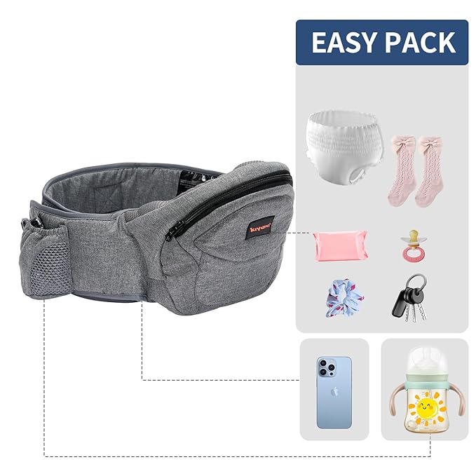 Baby Carrier with Hip Seat, Newborn to Toddler, Adjustable Extended, Ergonomic M Position Baby Carrier with Multiple Pockets 7-40lbsfor dad and mom, Grey