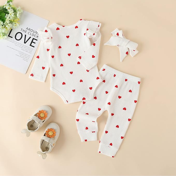 Fullfamous Baby Girl's 3pc Rib Frill Long Sleeve Romper and Pant Set
