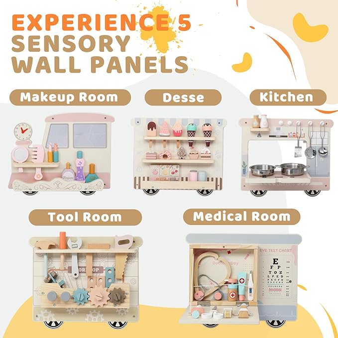 JOYMOR Wooden Train Wall Busy Board Activity, Sensory Wall Panel for Kids, Toddler Montessori Learning Activity Center for Playroom,Daycare, Ideal Educational Gift