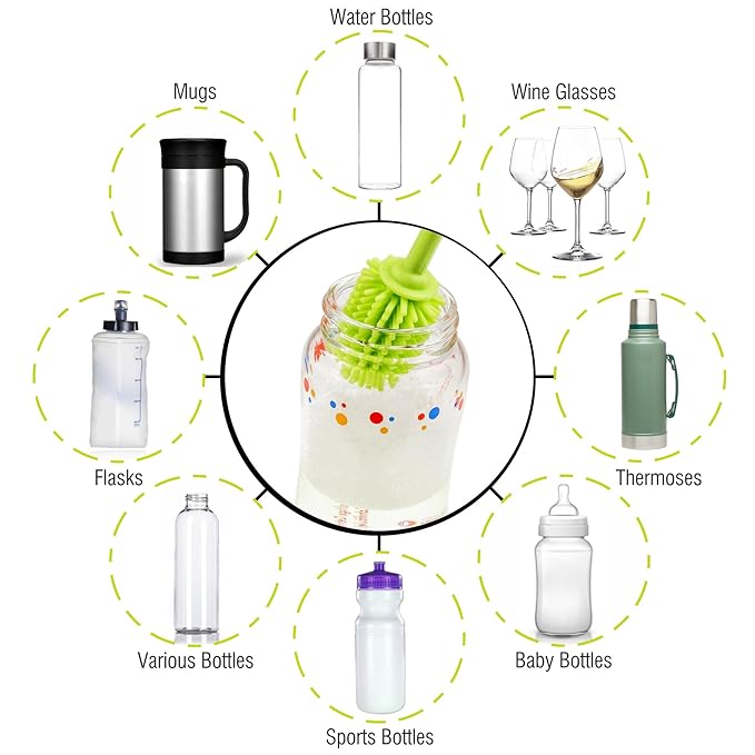 A-Brush Silicone Bottle Cleaner Brush, 2 Piece Set, Flexible, Long Handle - Water Bottle Cleaner, Baby Bottle Nipple Brush for Plastic & Glass, BPA-Free Dish Washing Brush A2S Protection