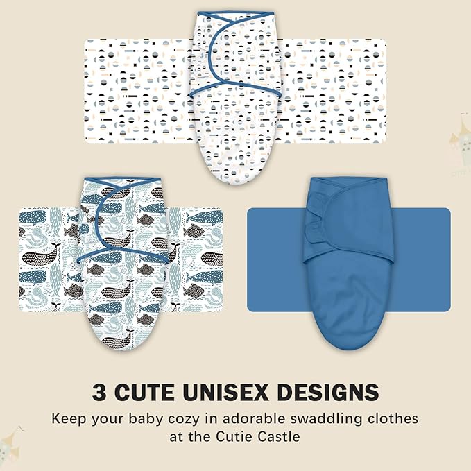 Cute Castle 3-Pack Baby Swaddle Sleep Sacks - Newborn Swaddle Sack - Ergonomic Baby Swaddles Blanket Warp for Boys and Girls - Baby Essentials (0-3 Months - Blue)
