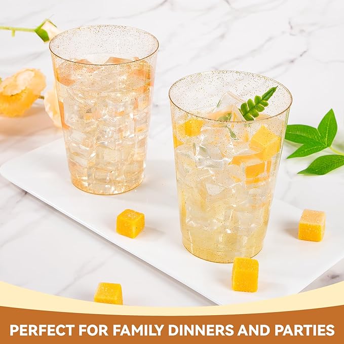 supernal 200pcs Gold Glitter Plastic Cups 12oz Disposable Cups with Glitter Elegant Clear Plastic Cocktail Glasses, Disposable Party Cups for Wedding, Birthday, Holiday Bridal Shower Decoration