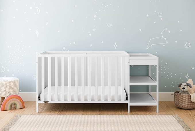 Graco Theo 5-in-1 Convertible Crib & Changer (White) GREENGUARD Gold Certified, Converts to Daybed, Toddler Bed, Full Size Bed, Fits Standard Full-Size Crib Mattress, Adjustable Mattress Height