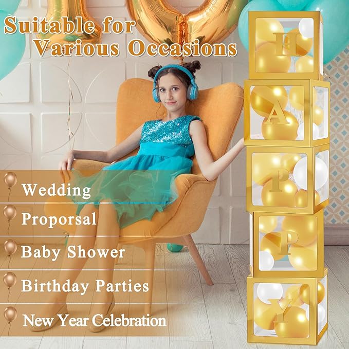 Ledido Gold Transparent Balloon Boxes With 78 Letters, Baby Boxes with Letters for Baby Shower Clear Letter Boxes for Party Graduation Wedding Birthday Baby Shower Decorations 5 PCS