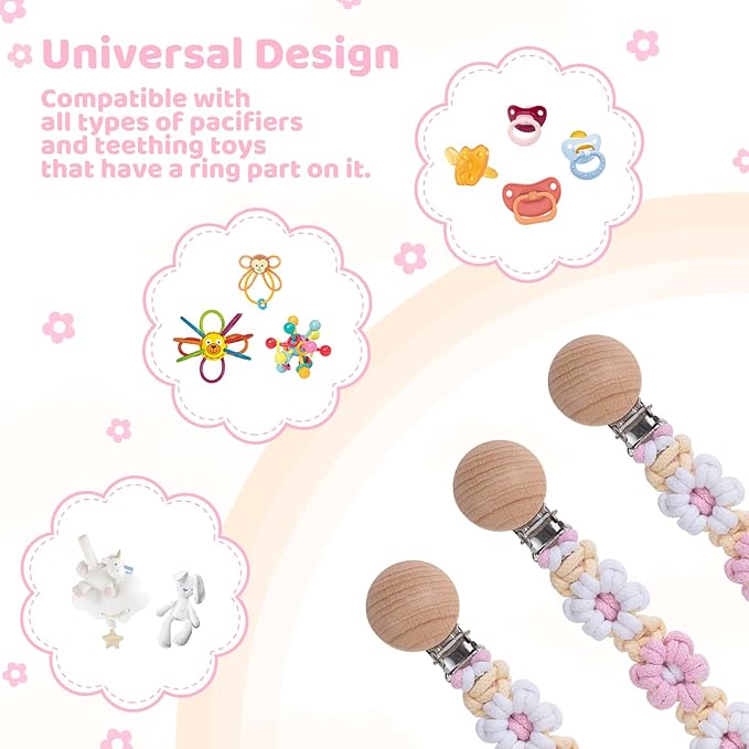 Pacifier Clip for Boys Girls Floral Daisy Macrame Baby Paci Clip Pacifier Holder Leash Boho Wooden Clips Handmade Braided Cotton Binky Clips (1pack:Pink Daisy B)
