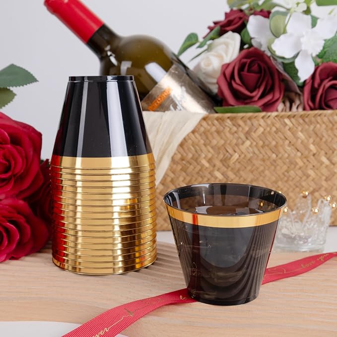 supernal 200 Pcs Gold and Black Plastic Cups-9oz Heavy Duty Plastic Cups,Gold Rimmed Disposable Cups,Disposable Wine Glasses Perfect for Wedding,Birthday Parties,Thanksgiving,Christmas