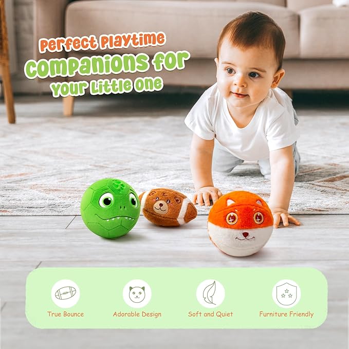 3 Pack Soft Sports Balls for Toddlers 1-3, Inflatable Plush Baby Balls Set for Kids 3-5, 5 Inch Soccer Ball & Basketball, 6.5 Inch Football, Mini Toddler Ball Toys for Boy Girl First Gifts