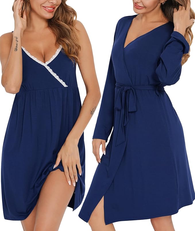 SWOMOG Womens Maternity Robe 2 Piece Nursing Nightgown for Breastfeeding 3 in 1 Labor Delivery Nursing Dress Lace Bathrobe