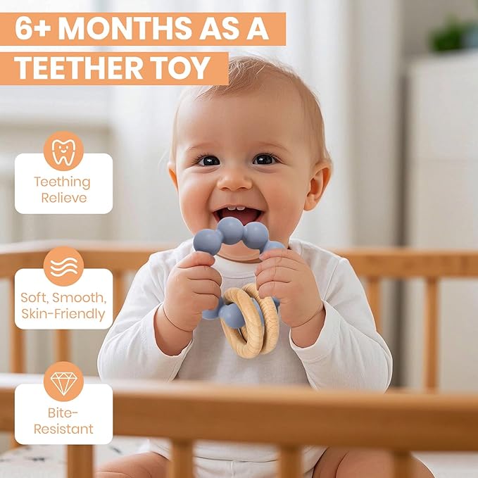 Socub Baby Teething Toys for 0-6 6-12 Months | BPA-Free Food-Grade Silicone & Natural Beech Wood Teether Ring for Newborn Infants Teething Relief | Easy-Grip Sensory Rattle Toys(Tradewinds)