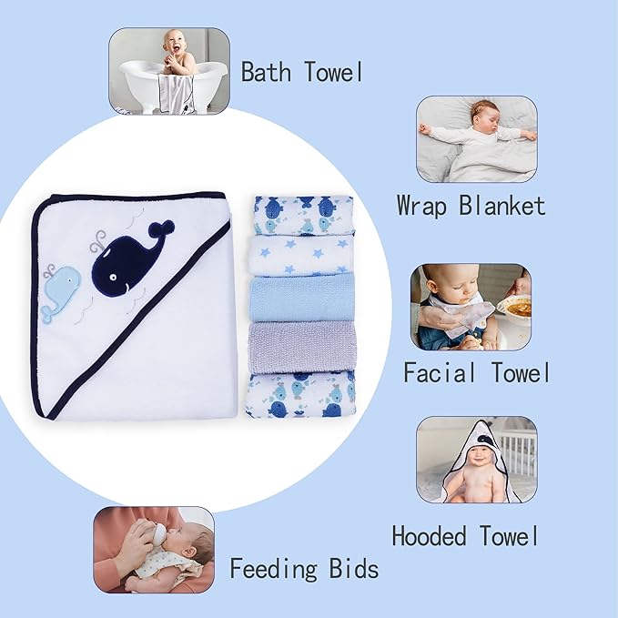 Viviland Baby Towels and Washcloths, Soft Absorbent Baby Boy Bath Towel Set, Whale Hooded Towels with 5 Infant Washcloths,(6 Pieces)