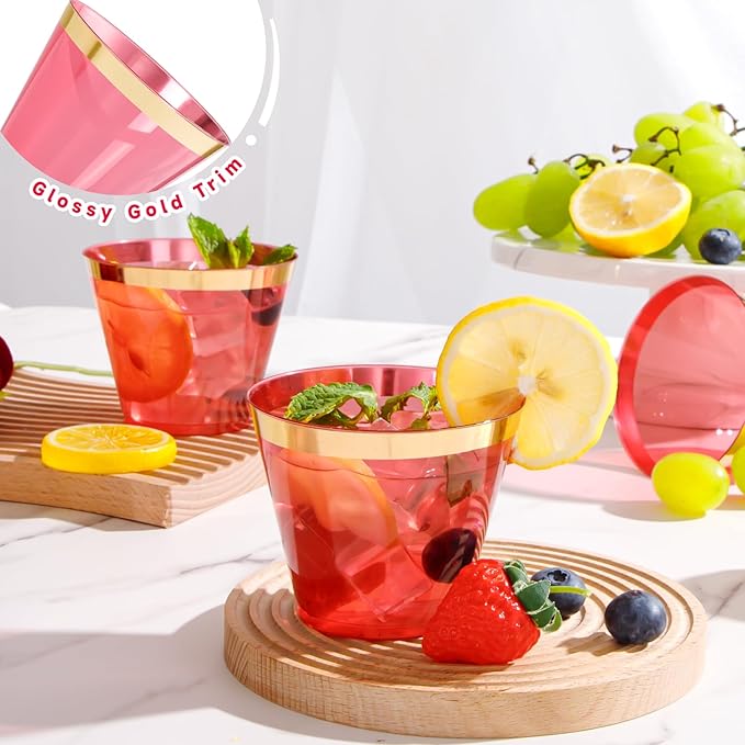 supernal 100 Pcs Red Cups, 9oz Red Plastic Cups with Gold Rim, Plastic Wine Cocktail Glasses Perfect for Party, Wedding and Birthday, Cute Cocktail Party Cup Disposable Wine Glasses