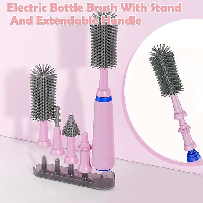 Electric Bottle Brush with Stand and Extendable Handle,Silicone Bottle Brush Set with Water Bottle/Nipple/Straw Brush,Easy-Grip Silicone Handle,Waterproof/Rechargeable Brush, Pink